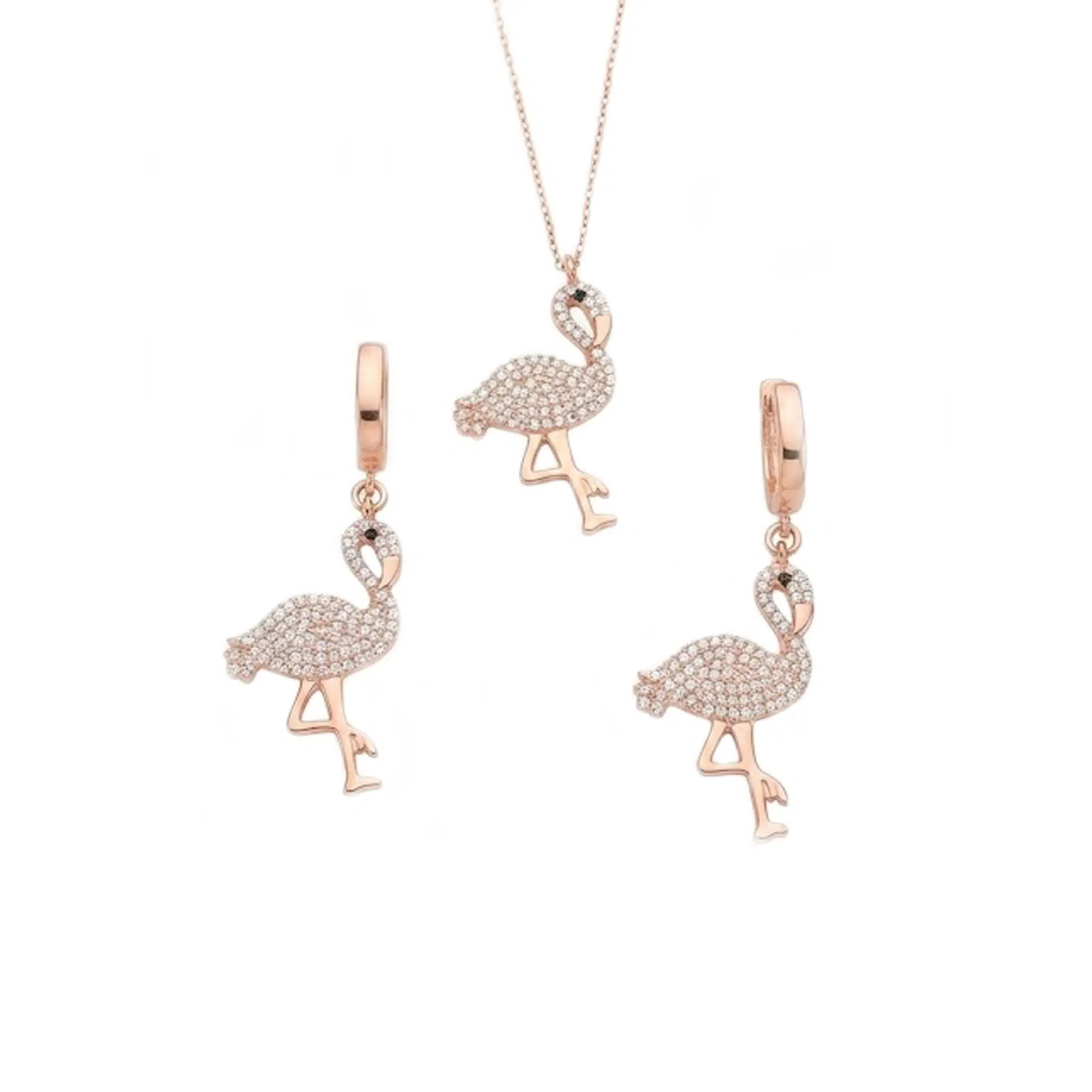 925 Ayar Gümüş Flamingo Kadın Kolye Küpe Seti