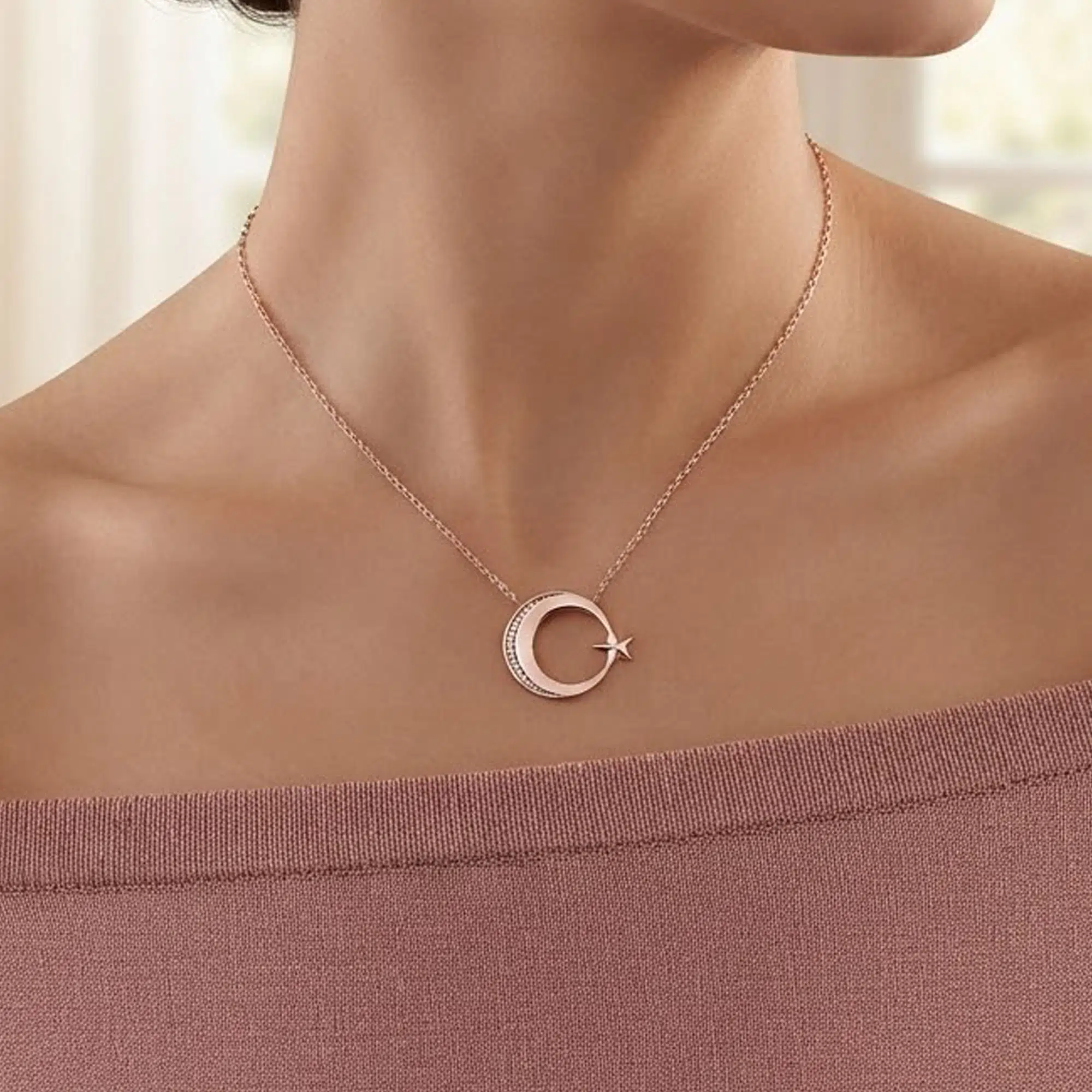 925 Ayar Gümüş Rose Kaplama Taşlı Ayyıldız Tasarım Kadın Kolye