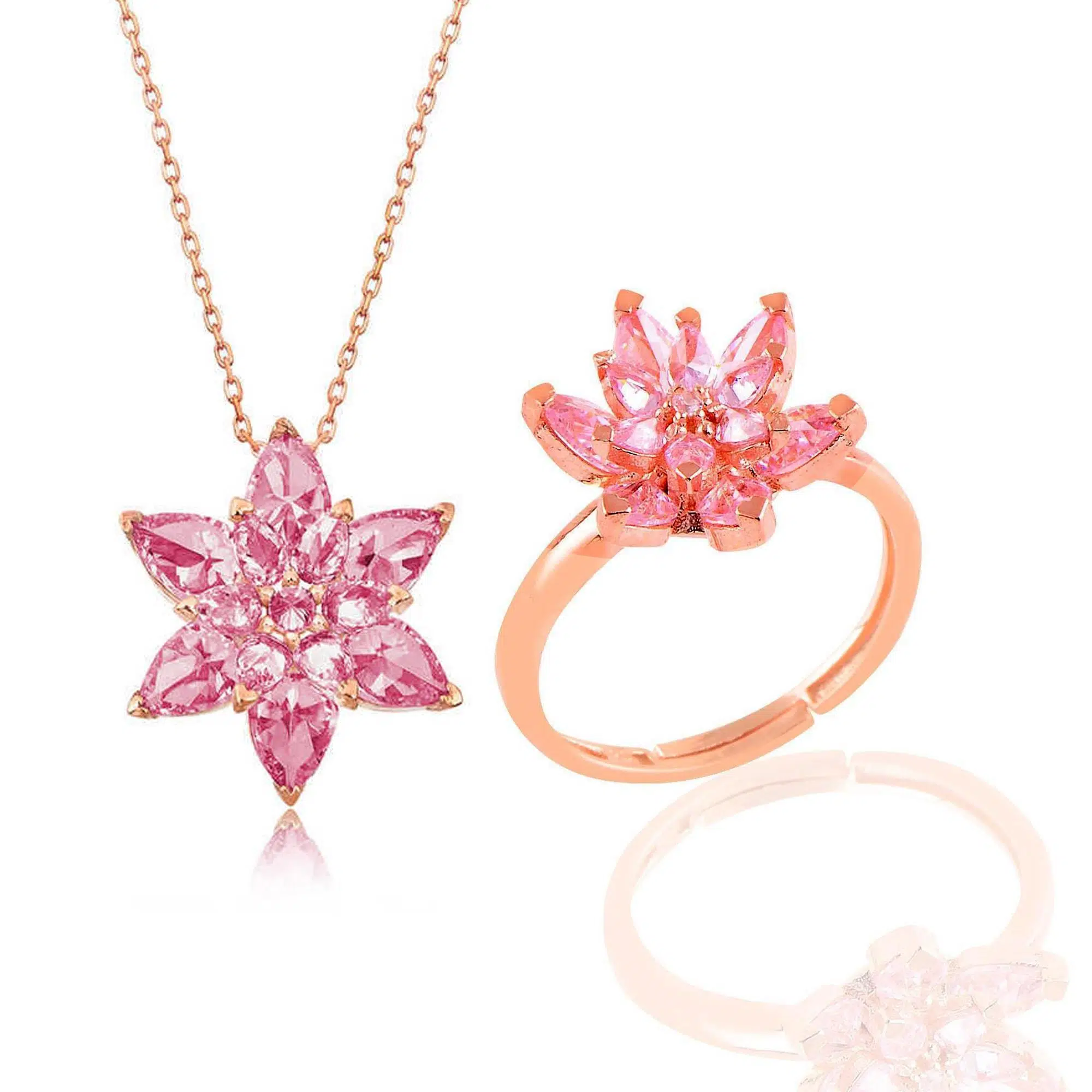 925 Ayar Gümüş Camelia Kolye Yüzük Set - PEMBE